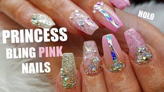 ACRYLIC NAILS PINK COFFIN SHAPE WITH BLING AND GLITTER | PRINCESS NAILS | GLITTER PLANET UK