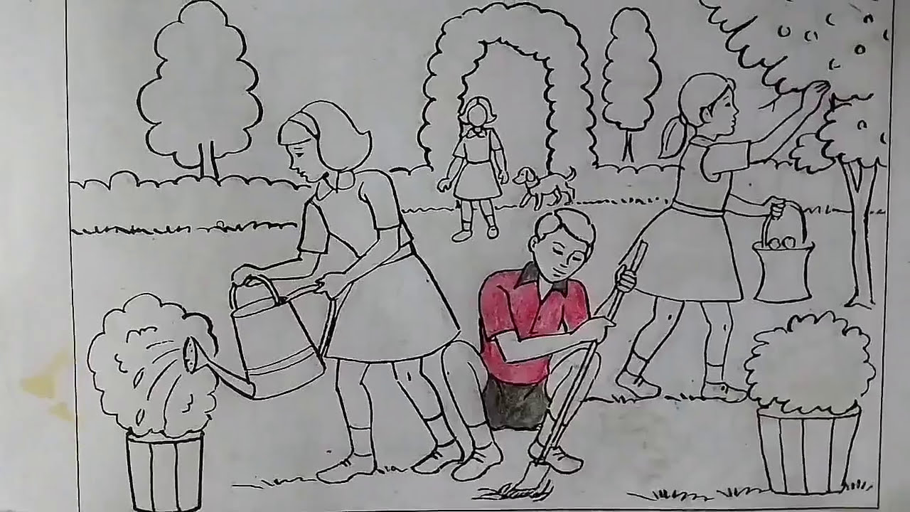 Coloring memory drawing - Children's watering the plants and ...