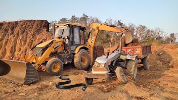 New JCB 3dx Machine With Eicher tractor | JCB 3dx Backhoe Loading Red mud in another tractors
