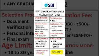 State Bank Of India Specialist Officer Recruitment 2025 ll Apply Now New Job #sbibank #bankingexam