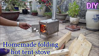 Homemade folding hot tent stove. Overview, spec, weight, how to assemble, test the stove.
