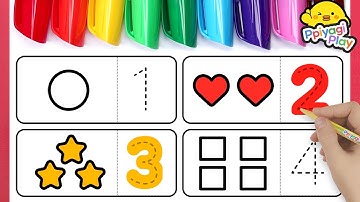 [ 숫자배우기 ]  유아와 아이들을 위해 도형 모양 개수만큼 색칠하며 1-10까지 숫자 쓰고 색깔 이름 배우기 | 도형 이름 배우기 | 숫자 영어로 세기 | 삐야기 플레이