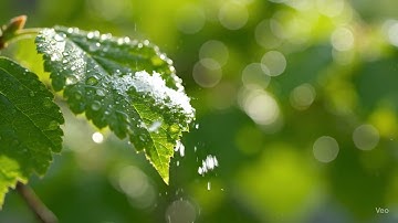 8K Macro Slow Motion | Snow Falling from Green Leaf with Bokeh Light Effect (Ultra HD Nature Video)