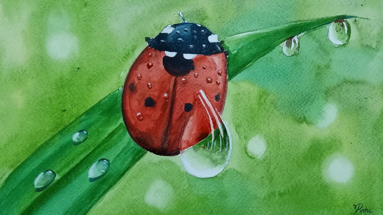 How to draw an EASY LANDSCAPE with WATERCOLOR (ladybug) step by step easy 