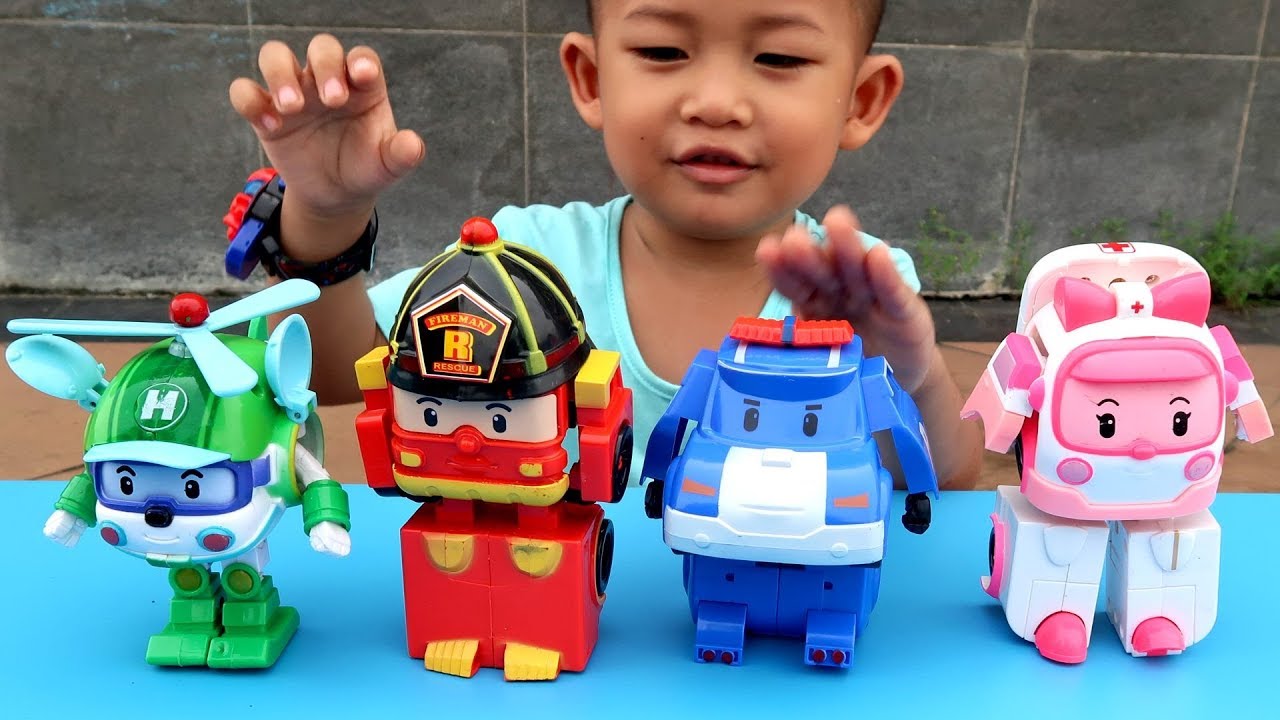 Anak Lucu Review Mainan Robocar Poli 4 Karakter - Unboxing Mainan Belajar Warna untuk Anak. 