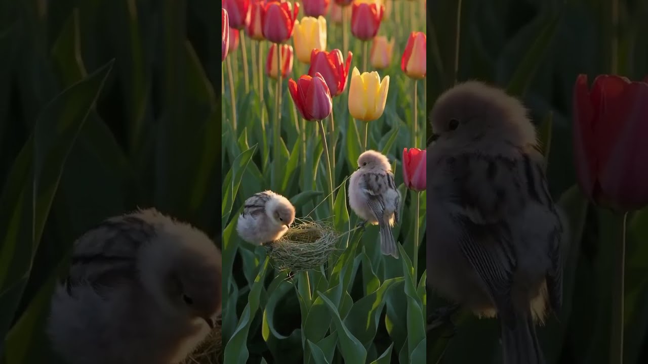 A Sweet Fluffy Bird Couple Is Nesting In The Middle Of Blooming Tulip Garden Music Fyp Birds