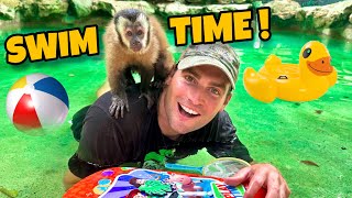 Teaching Baby Monkey How To Swim ! Swim Time !!