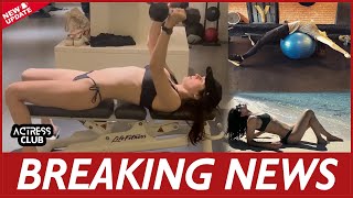Alexandra Daddario in Two Piece Workout Gear Does Chest Press.
