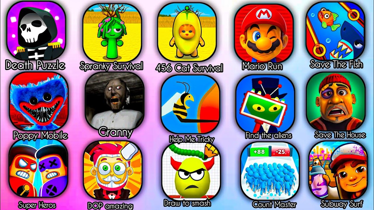 Roblox, Sprunki survival, Zombies Tsunami, Hcr 2, Subway Surf, Death Puzzle, Save The House