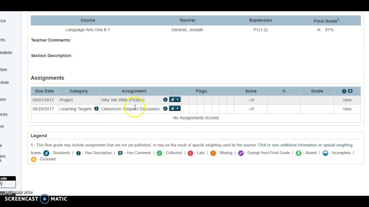 PowerSchool View Standards Based Grades LCA (Learner Centered