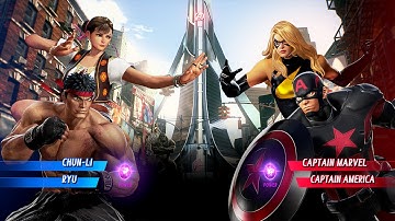 Ryu & Chun-Li VS Captain America & Captain Marvel (Hardest AI) - Marvel vs Capcom : Infinite
