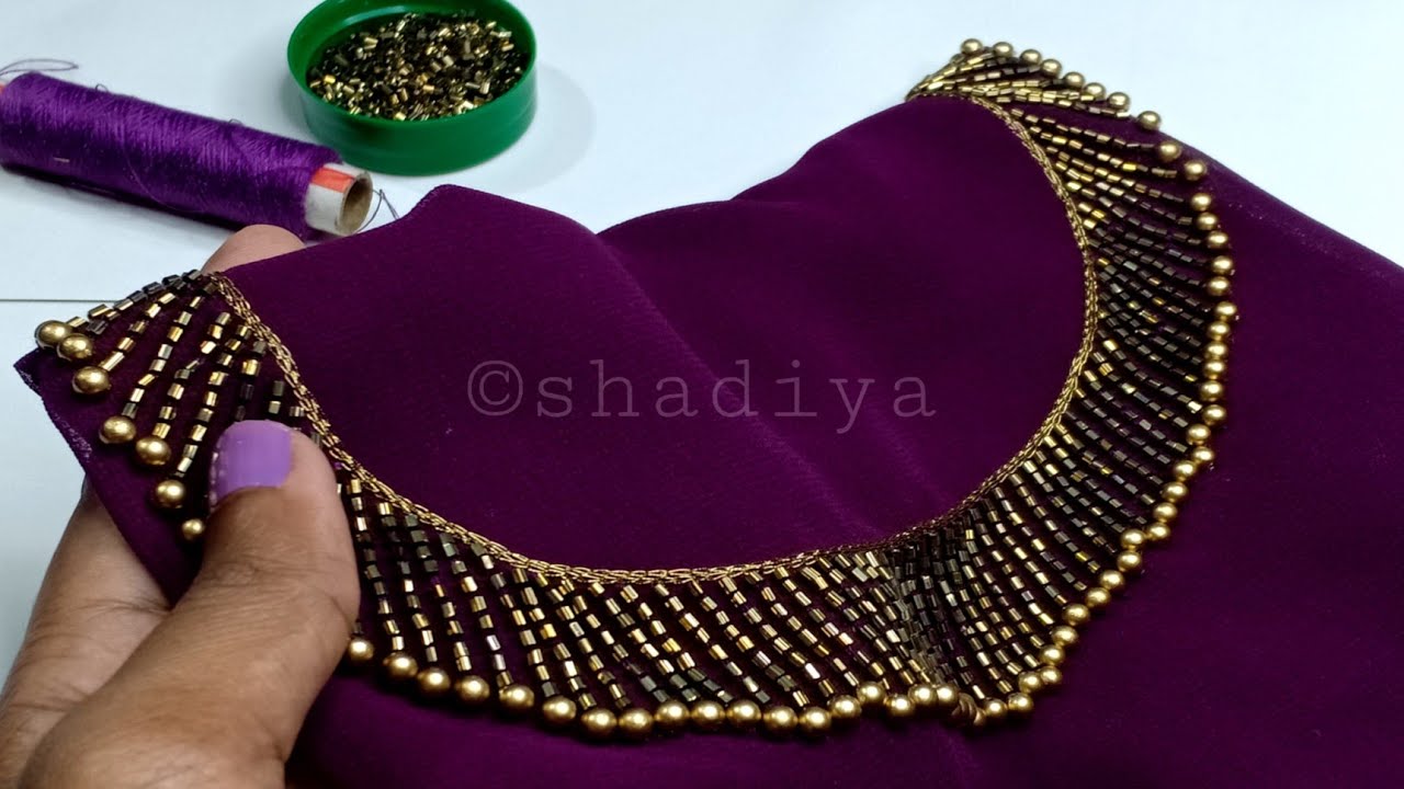 Very and simple beadwork neckline with normal needle|aari using normal ...