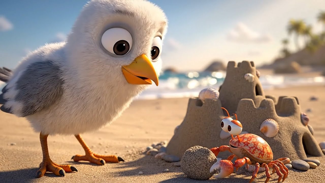 A Baby Seagull Accidentally Destroys a Crab’s Sandcastle!