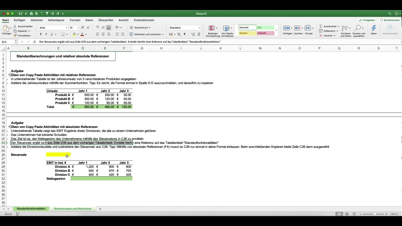 Absolute und relative Zellbezüge in Microsoft Excel