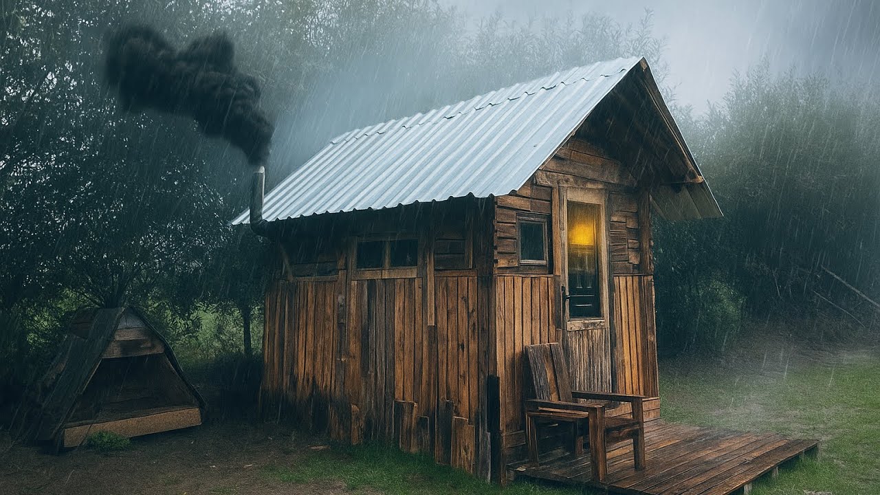 Попал под сильный дождь в деревянном домике