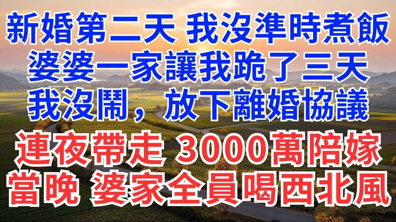 新婚第二天，我沒準時煮飯，婆婆一家讓我跪了三天，我沒鬧，放下離婚協議連夜帶走娘家3000萬陪嫁，當晚，婆家全員喝西北風傻了！ #情感故事#老人頻道#老年健康#為人處世#老年生活#婆媳關系#爽文#正能量