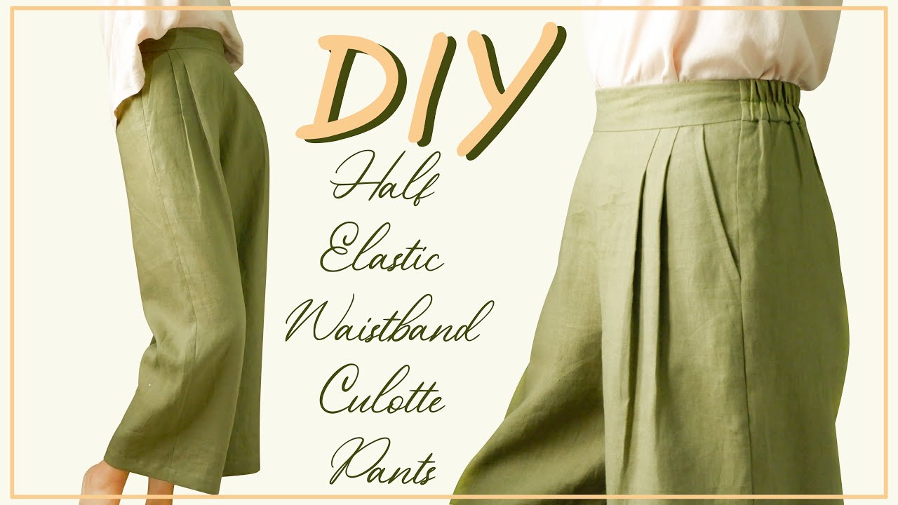 DIY Half Elastic Waistband Linen Culotte Pants  How To Make Back Elastic  Waistband Culotte Trousers 