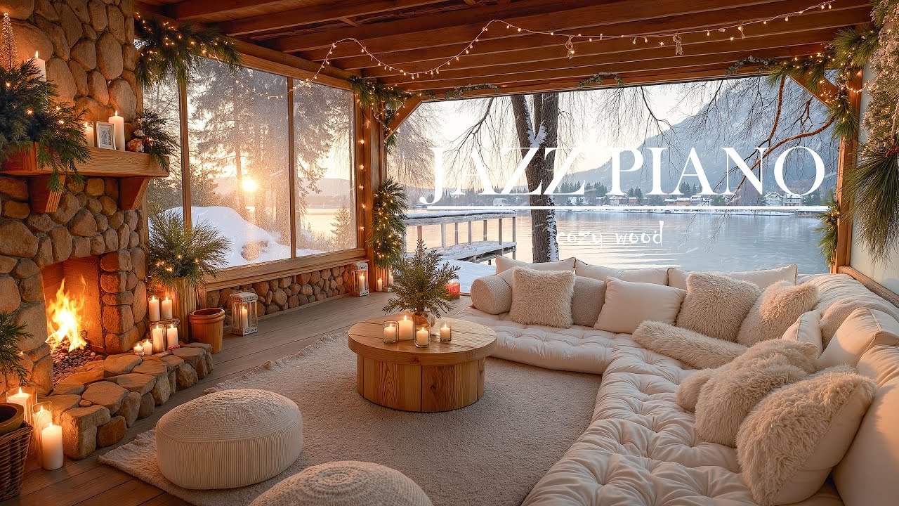 Serene Winter Lake Jazz Retreat ❄️🎹 | Cozy Cabin Fireplace & Smooth Jazz Piano to Study & Relax