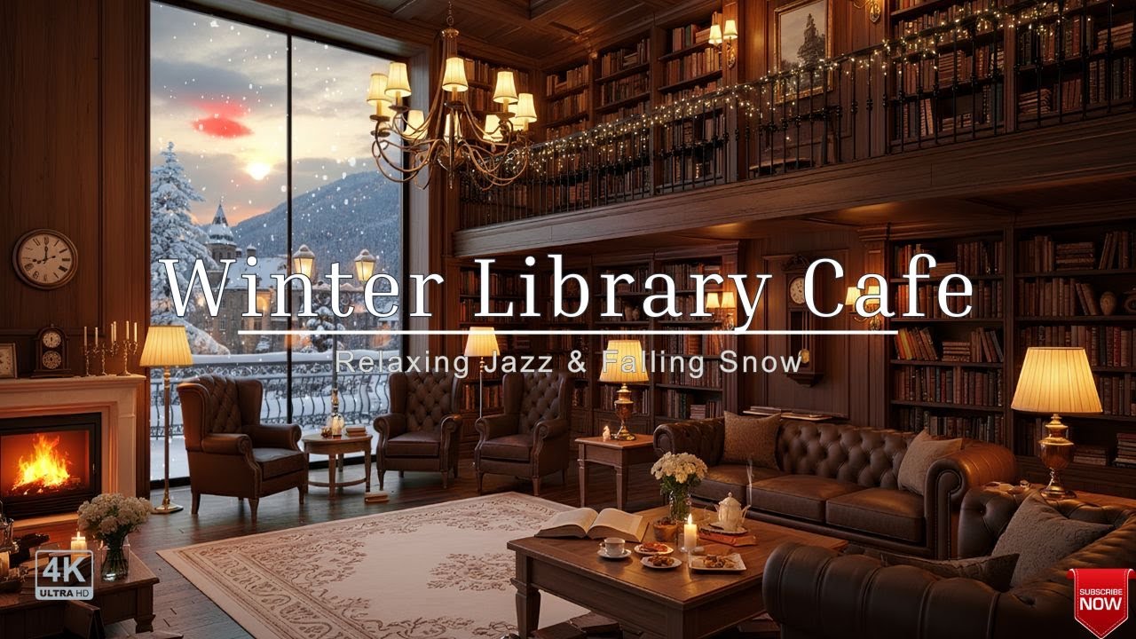 Уютный зимний джаз в кафе-библиотеке. Атмосфера гладкого джазового саксофона и снегопада для чтения