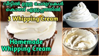 കുറഞ്ഞ ചിലവിൽ കേക്കിനു വേണ്ട Cream ഉണ്ടാക്കാം | Homemade Whipping Cream | 3 Types Whipping Cream