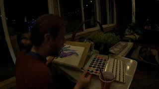 ASMR Abstract Watercolor painting at night with Kaiya my sleepy GSD.