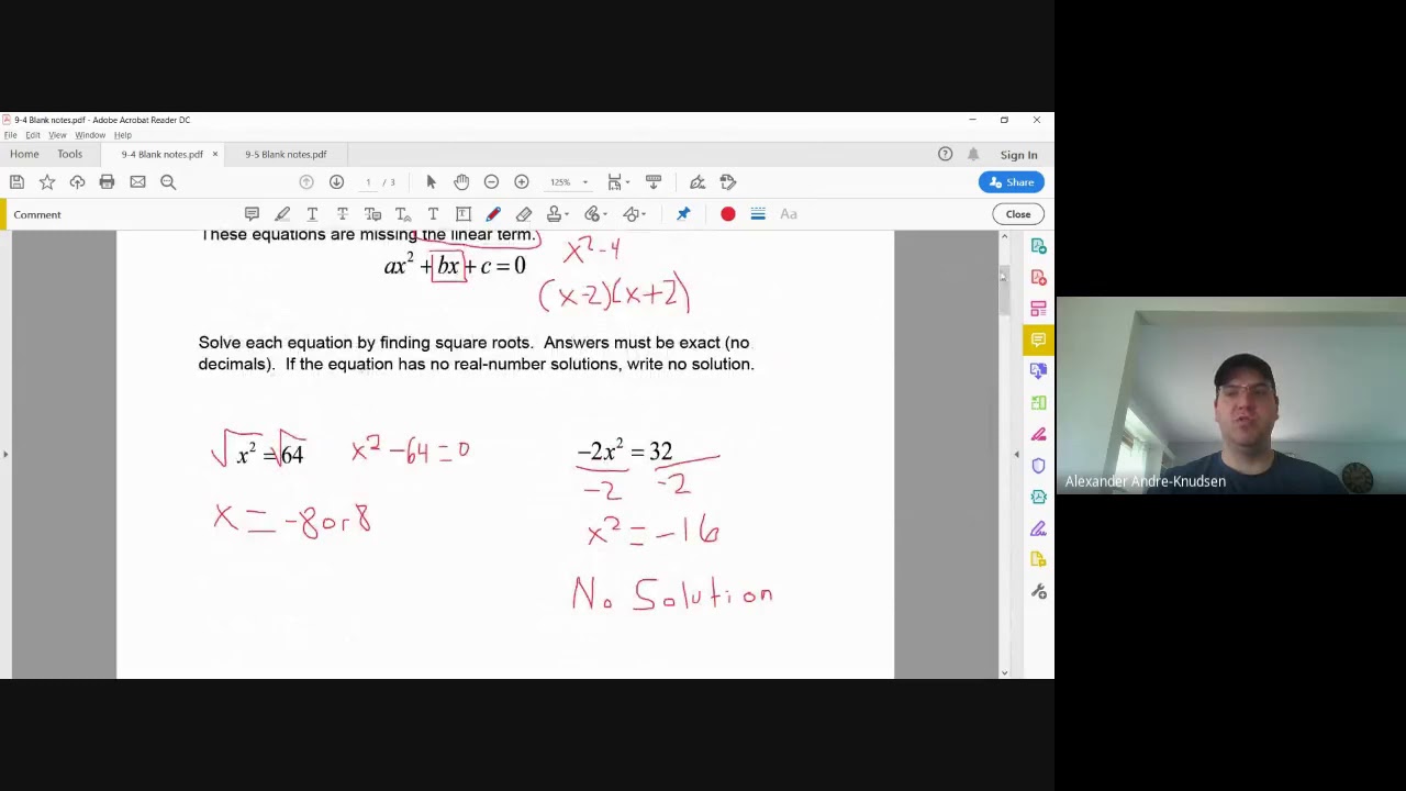 9.4 Solve Quadratics with Square Roots YouTube