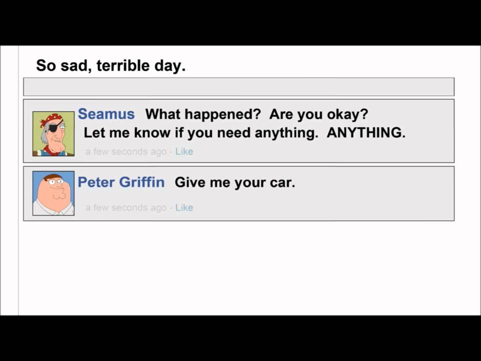 Family Guy S12E12 So sad,terrible day Facebook status scene