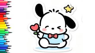 Pochacco with Heart Flower Drawing, Painting &amp; Coloring For Kids and Toddlers_ Kids Art 
