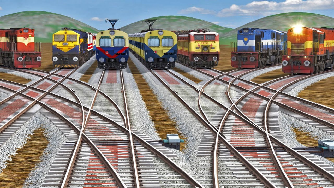8 TRAINS CROSSING AT BUMPY FORKED RAILROAD TRACKS | BeamNG.Drive | Train simulator | Indian Railway