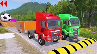 Double Flatbed Trailer Truck vs Speedbumps Train vs Cars Beamng.Drive #178 carry Nissan  , XC40