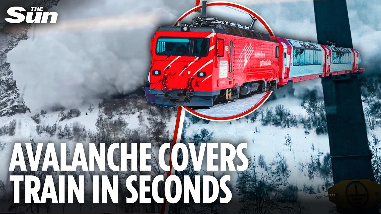 Terrifying moment avalanche slams into train moving through Swiss Alps