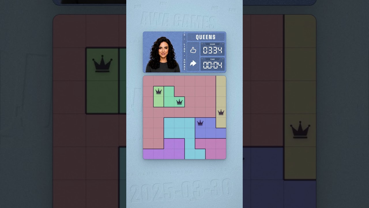 LinkedIn Queens #334 solved board for March 30, 2025, 8x8 grid