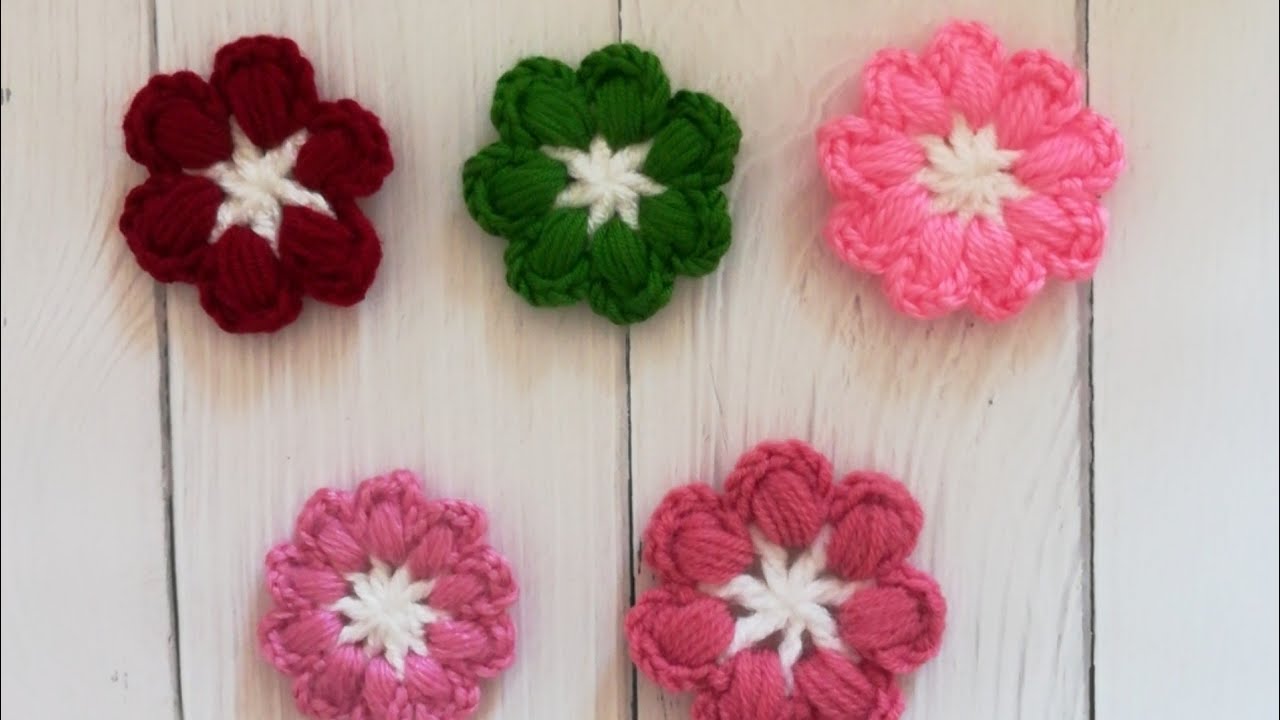 وردة كروشيه بالغرزة المنتفخه مع طريقة تغيير عدد البتلات crochet flower