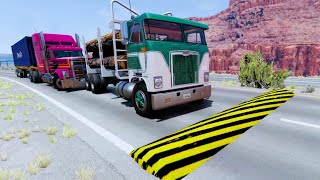 Flatbed Trailer Tractor Truck Transport Rescue Stuck Cars - Long Cars vs Rails and Trains - BeamNG