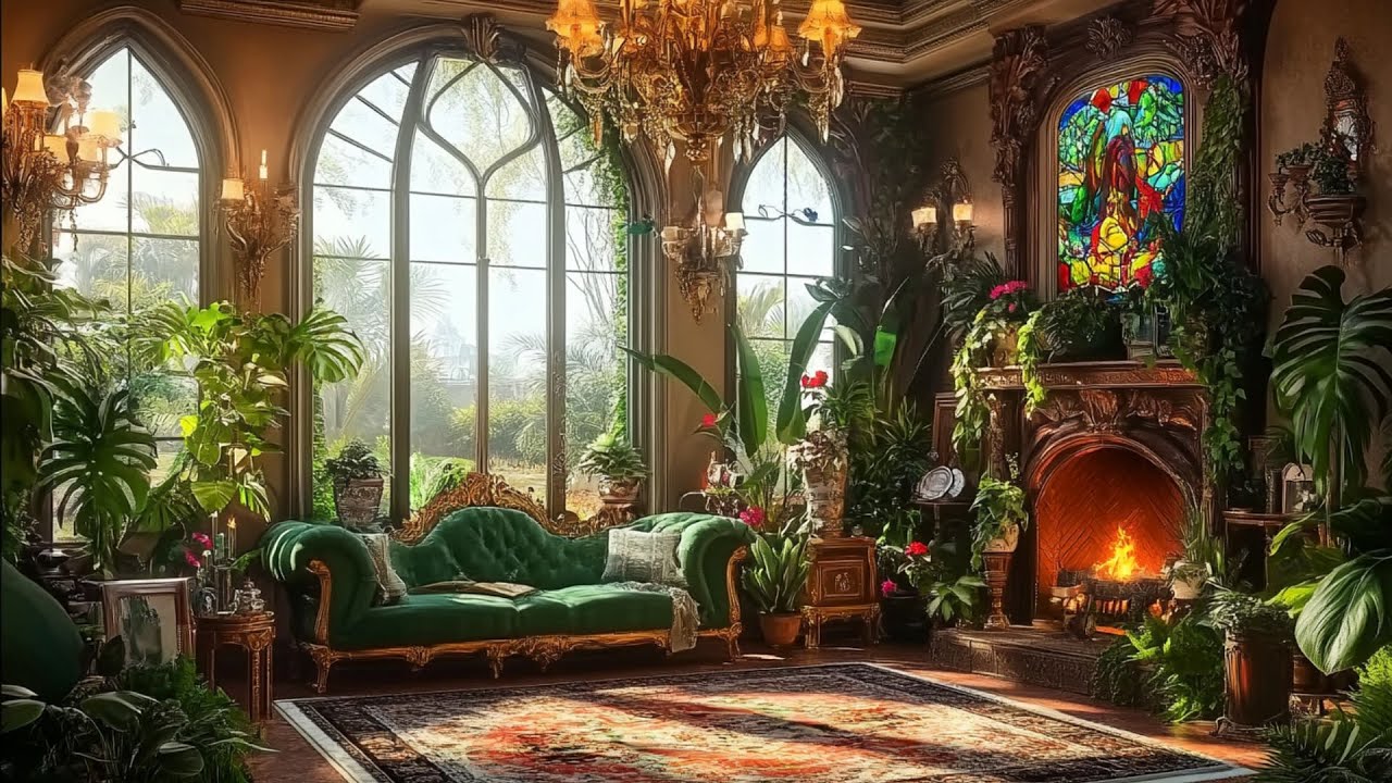 Escape to an Enchanted Green Moss Castle: Healing Music & Fireplace Ambienc🏡✨