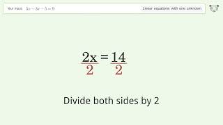 Linear equation with one unknown: Solve 5x-3x-5=9 step-by-step solution