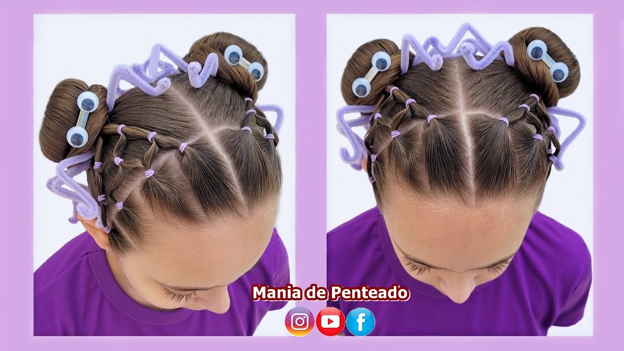 Penteado com Aranhas e Dois Coques para Cabelo Maluco 🕷| Two Buns Spiders  🕷| Halloween Hairstyle 🕷🥰 | Goiânia Fashion