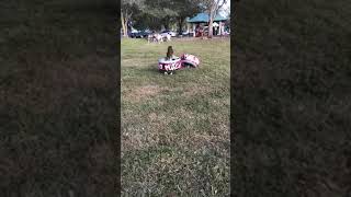 Girls bump each other wearing inflatable tires and girl flips over