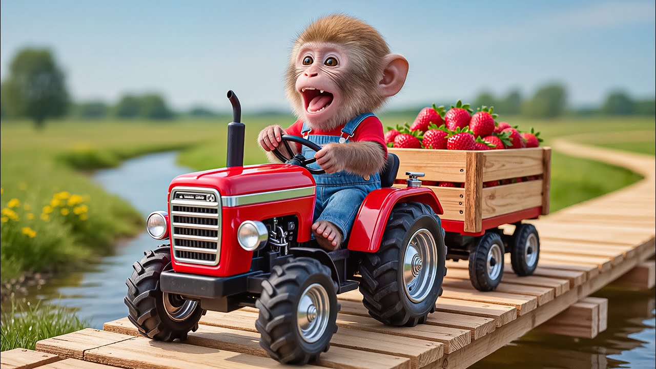 Monkey Ride Tractor Baby Monkey Drives Tractor, Harvests Tomatoes & Builds Wooden Bridge ...
