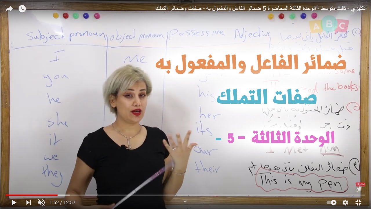 انكليزي - ثالث متوسط - الوحدة الثالثة -  5 -  ضمائر الفاعل والمفعول به - صفات وضمائر  التملك