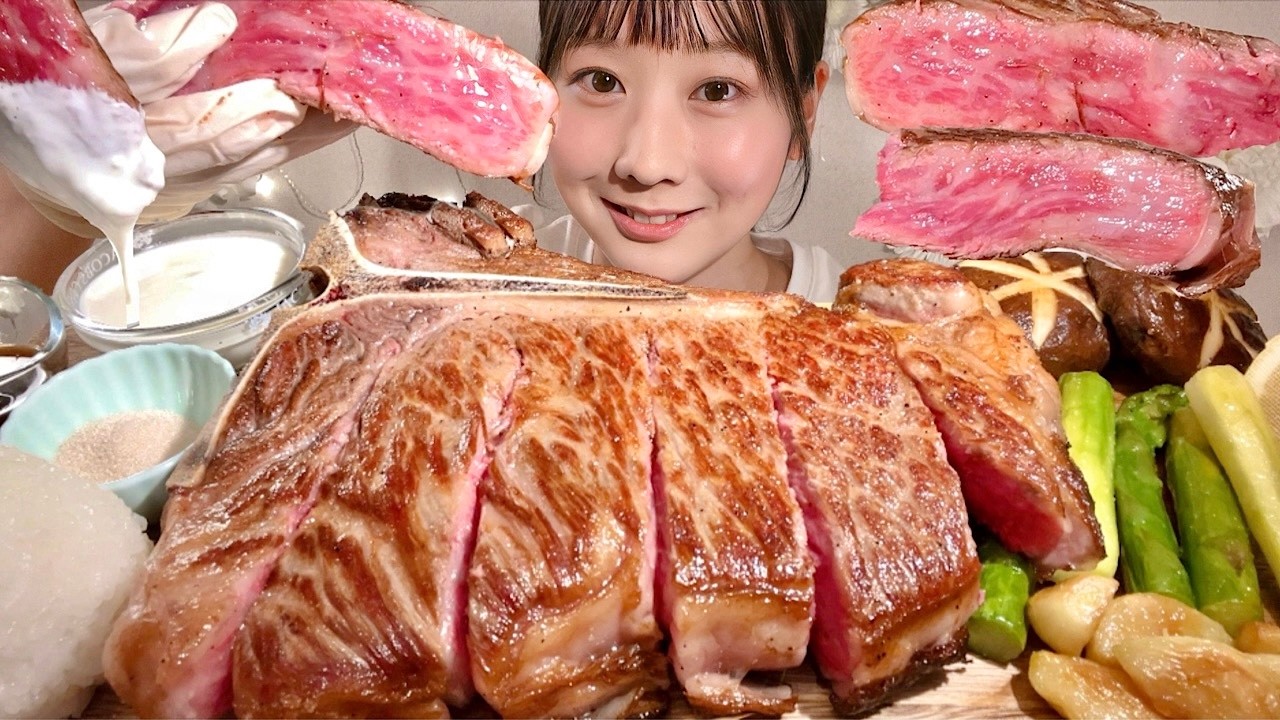 ASMR Giant Wagyu T-Bone Steak 1kg【Mukbang/ Eating Sounds】【English subtitles】