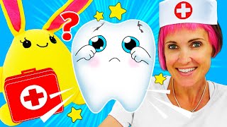 ¡El conejito Lucky va al dentista! Juegos al doctor con juguetes de peluche