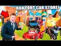 BOX FORT CAR STORE WIth Working Cars! 24 Hour Box Fort City Challenge Day 4