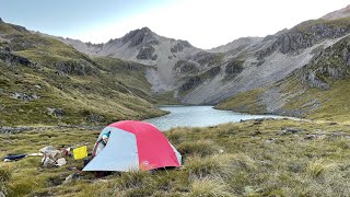 Wild camping in the New Zealand Alpine. Nelson Lakes.