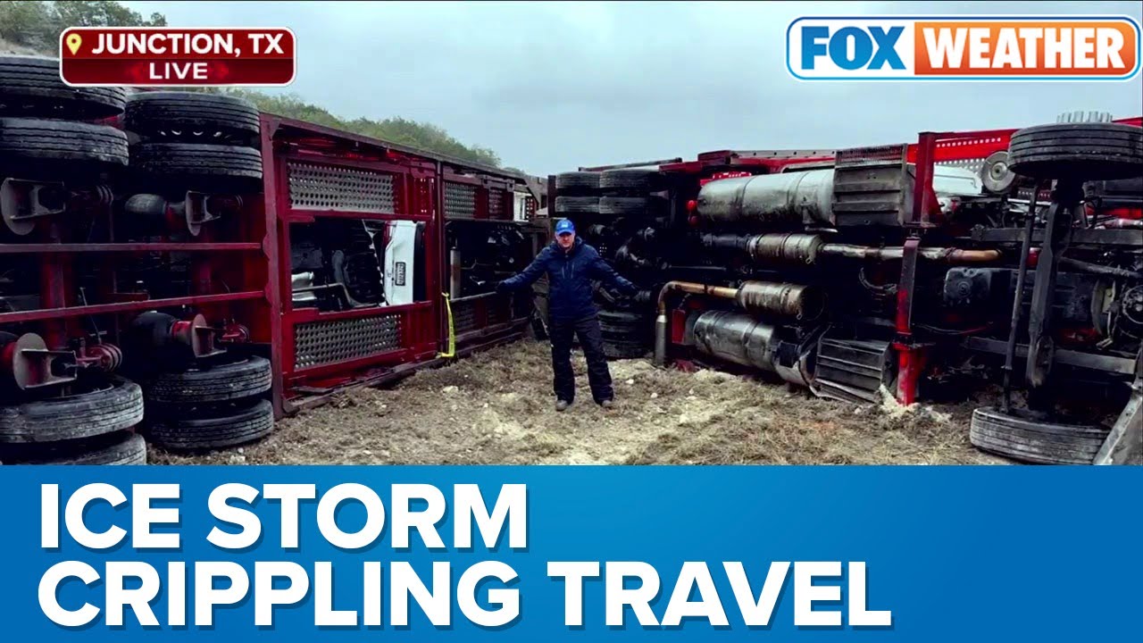 Trucks Toppled on Texas Highway During Ice Storm - YouTube
