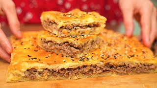 Delicious minced meat pie on plain puff pastry