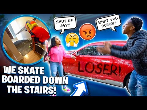 MAGIC BUSTED THE WINDOWS OUT JAY CAR💔 & WE SKATE BOARDED DOWN THE STAIRS!🛹