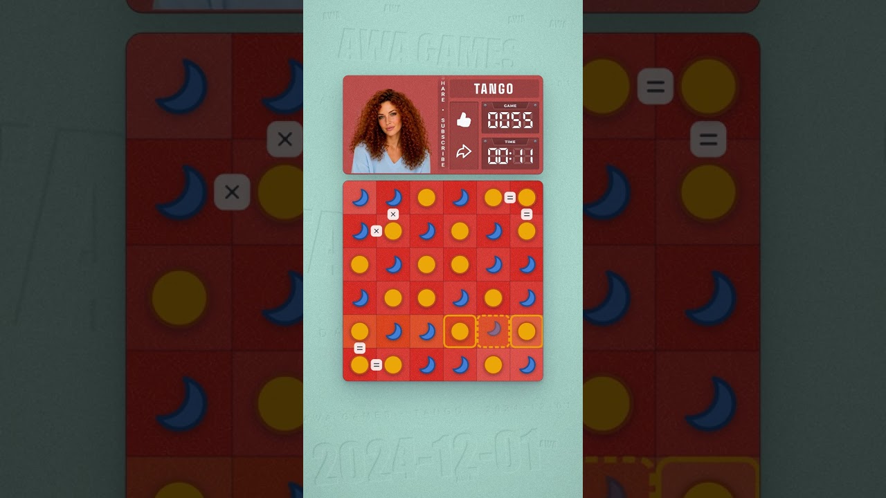 LinkedIn Tango #55 solved board for December 1, 2024, 6x6 grid