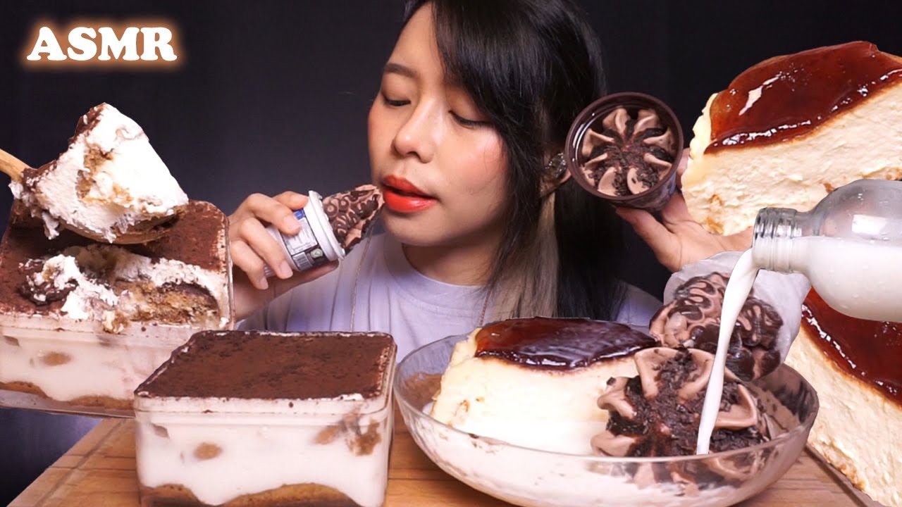ASMR Tiramisu & Burnt Basque Cheesecake with Milk & Chocolate Ice Cream | Eating Sounds