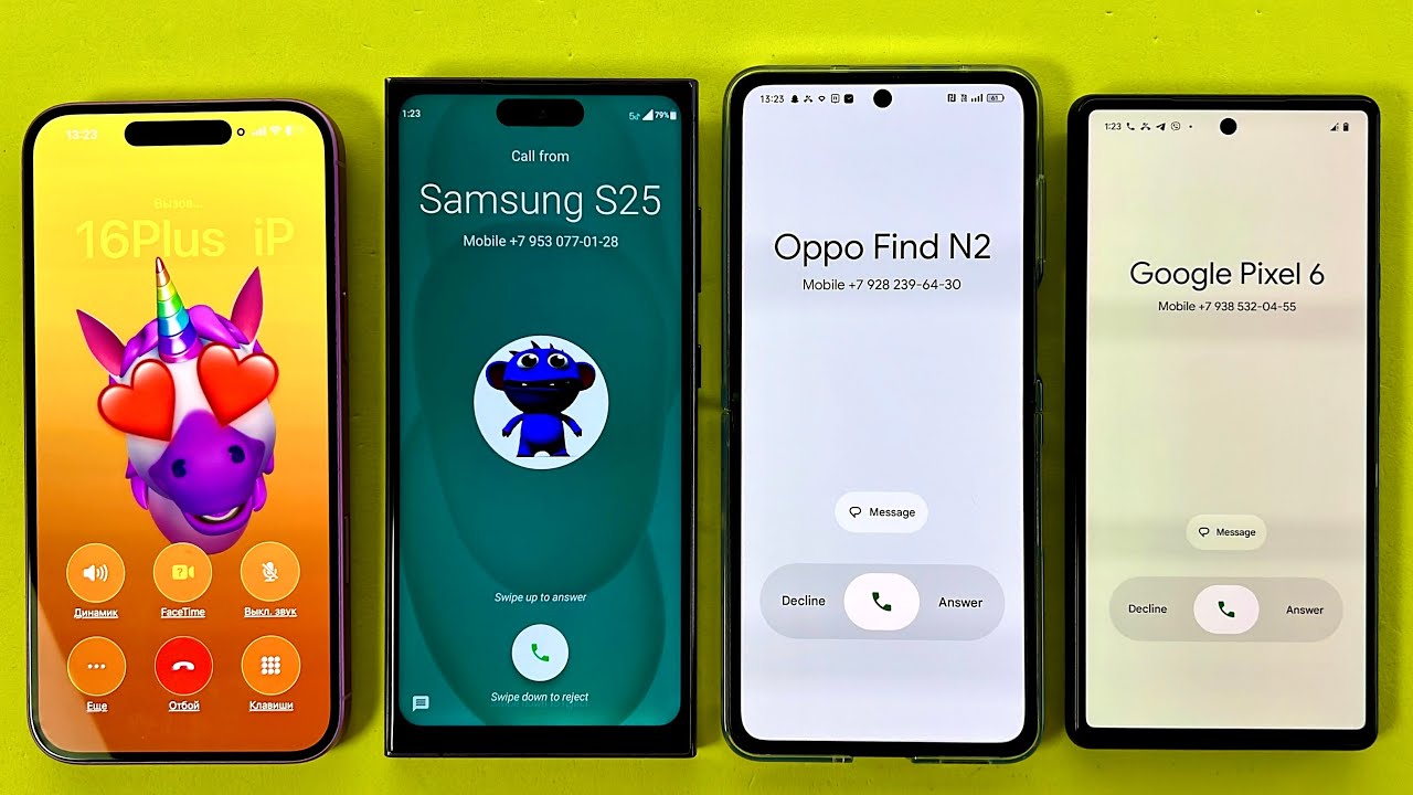 Incoming Call Google Pixel 6, OPPO Find N2, Samsung S25Ultra | Outgoing Call iPhone 16Plus 
